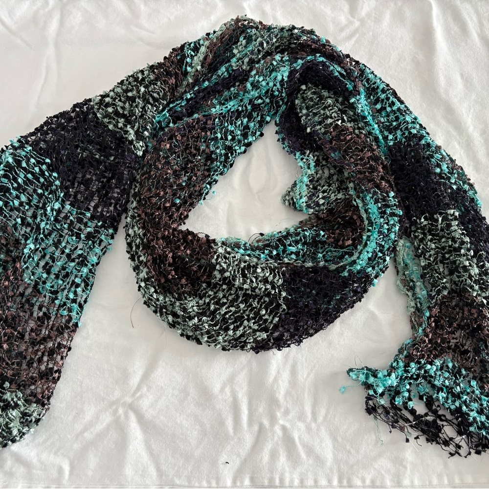 Krazy Kat Women's Multi Color Brown Black Turquoise Scarf Long Fringe Netting